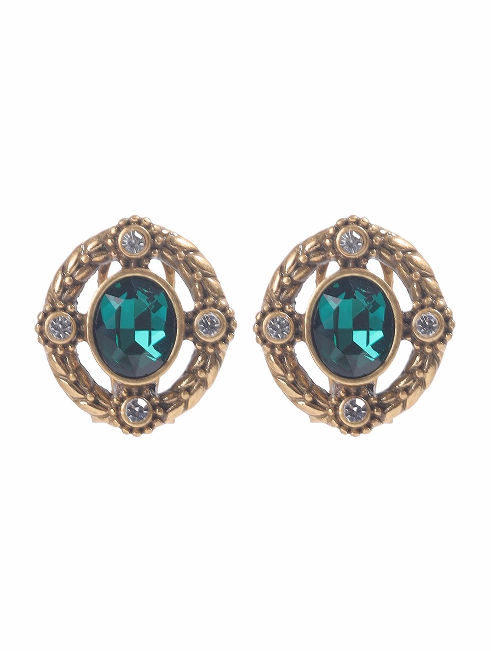 Gold-Tone Emerald Green Oval Stud Earrings - Unbranded